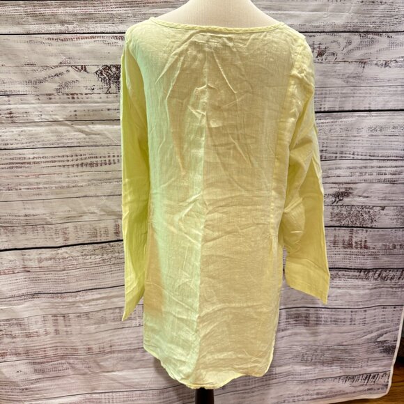 FLAX 100% Washable Linen Yellow Green Peplum Top - Picture 3 of 8
